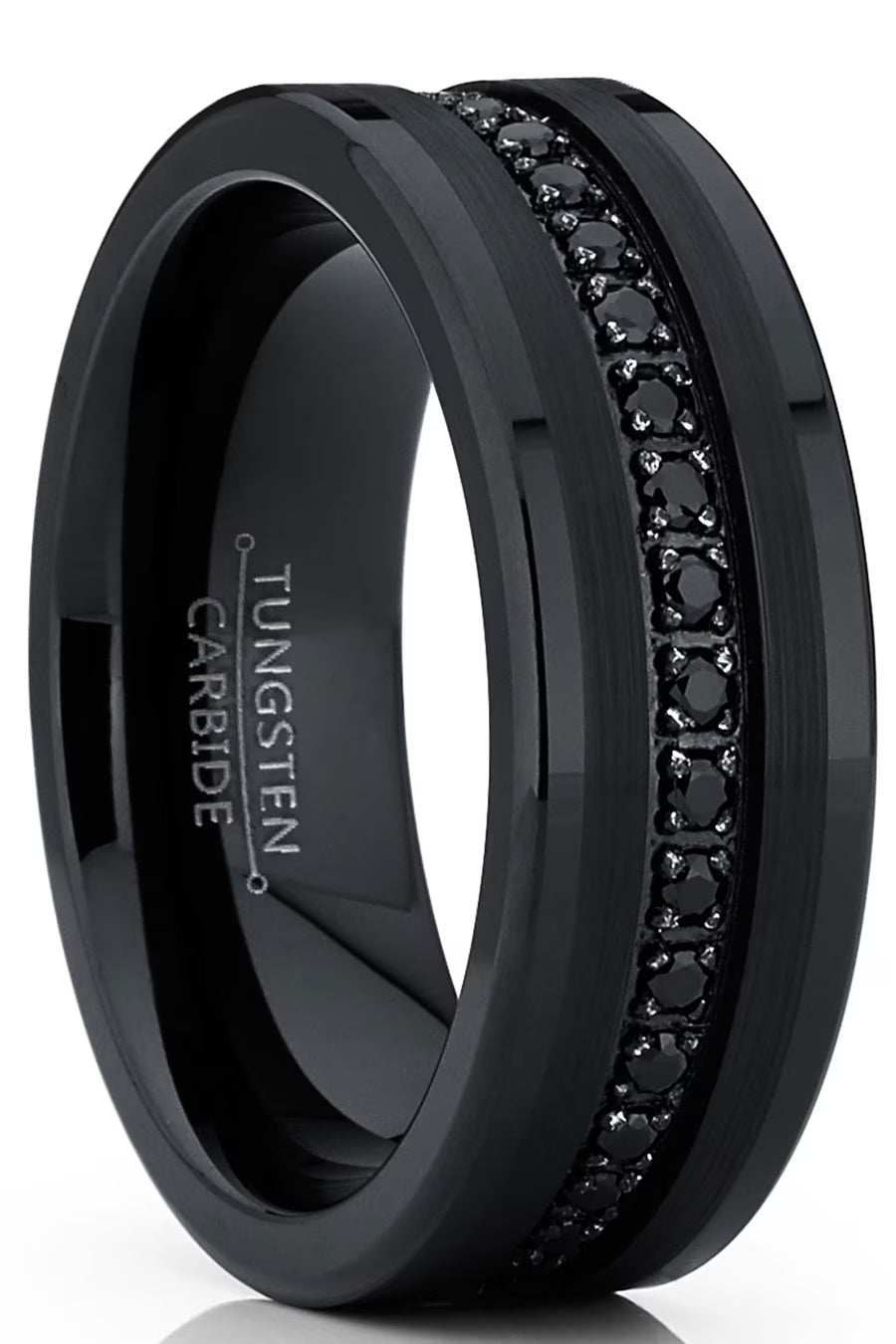 Mens Genuine Tungsten Black Wedding Band Eternity Ring Cubic Zirconia Comfort-Fit